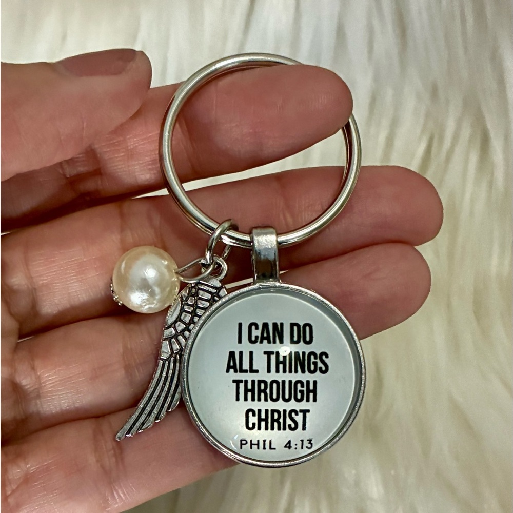 Inspirational Keychain with Pearl and Wing Charm